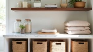 A white shelf with baskets and towels