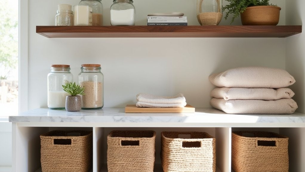 A white shelf with baskets and towels