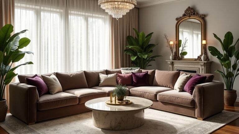 A living room with a couch, coffee table and a mirror