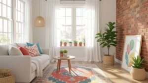 A living room with a white couch, a rug and a window.