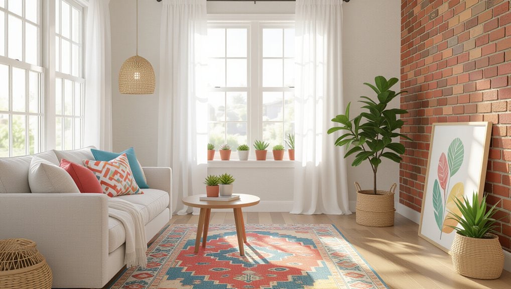 A living room with a white couch, a rug and a window.