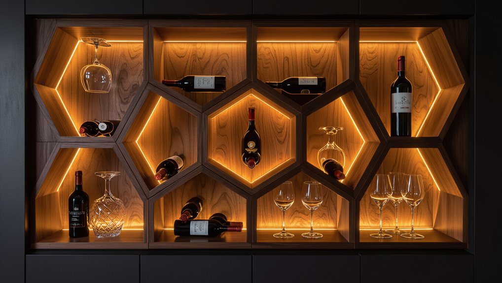 A wine rack with wine glasses and bottles on it.