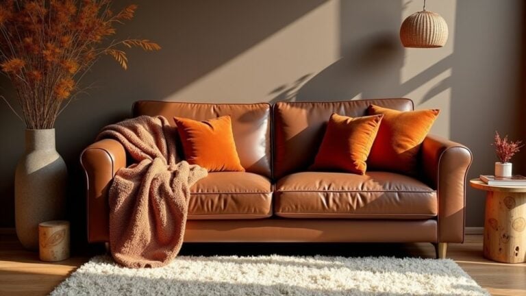 A brown leather couch in front of a wall