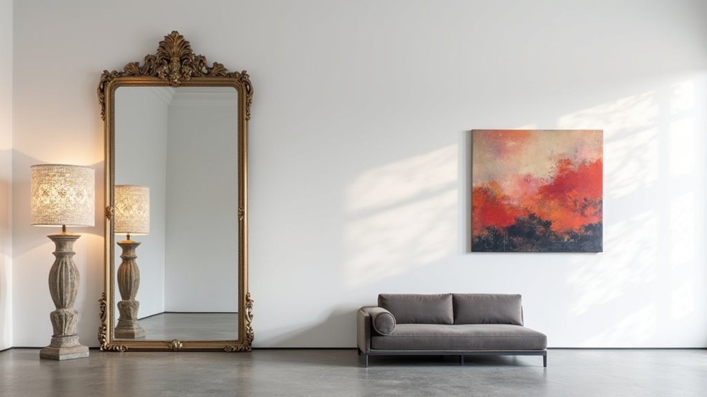 A large mirror in a room with a couch and a painting