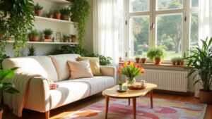 A living room with a couch, plants and a window