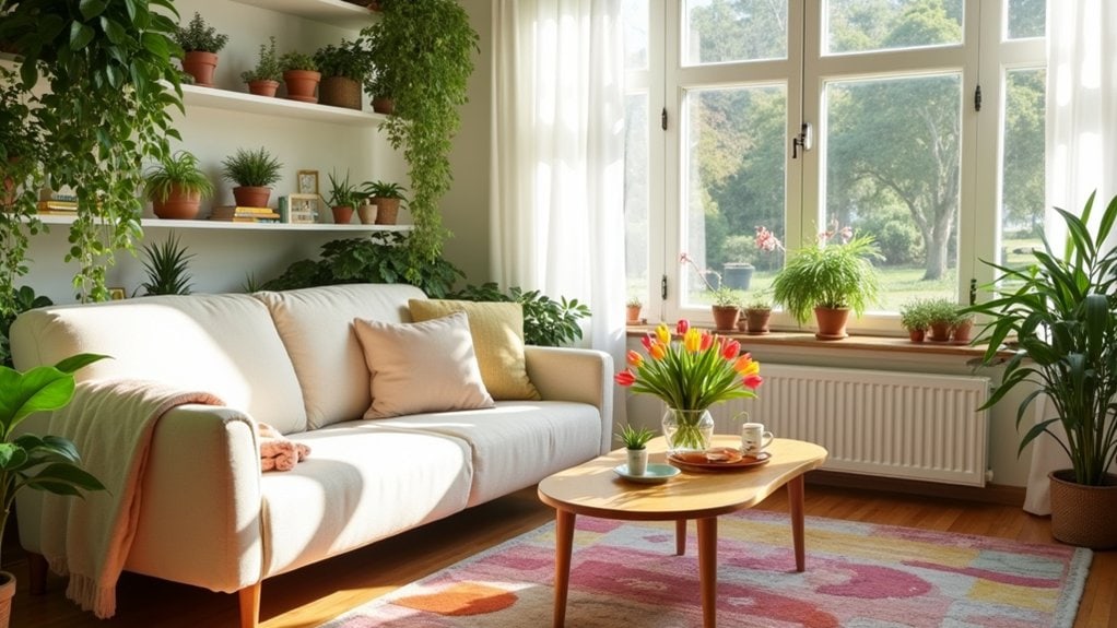 A living room with a couch, plants and a window