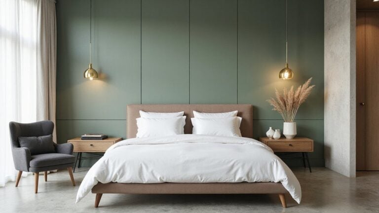 A bedroom with green walls and a bed.