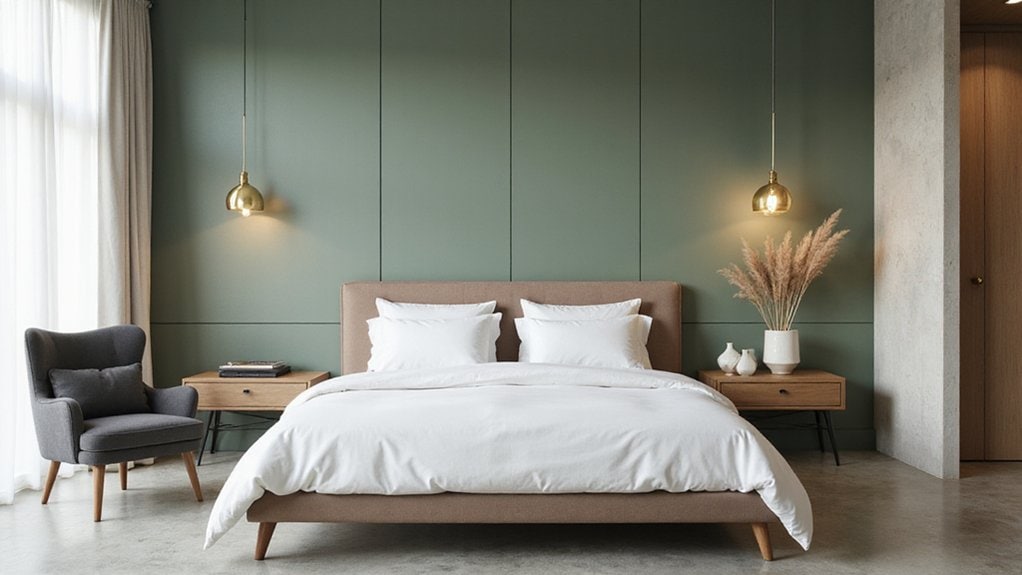 A bedroom with green walls and a bed.