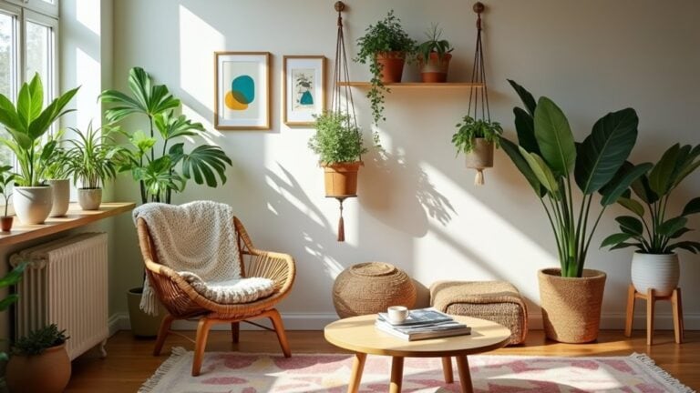 A living room with lots of plants and a chair