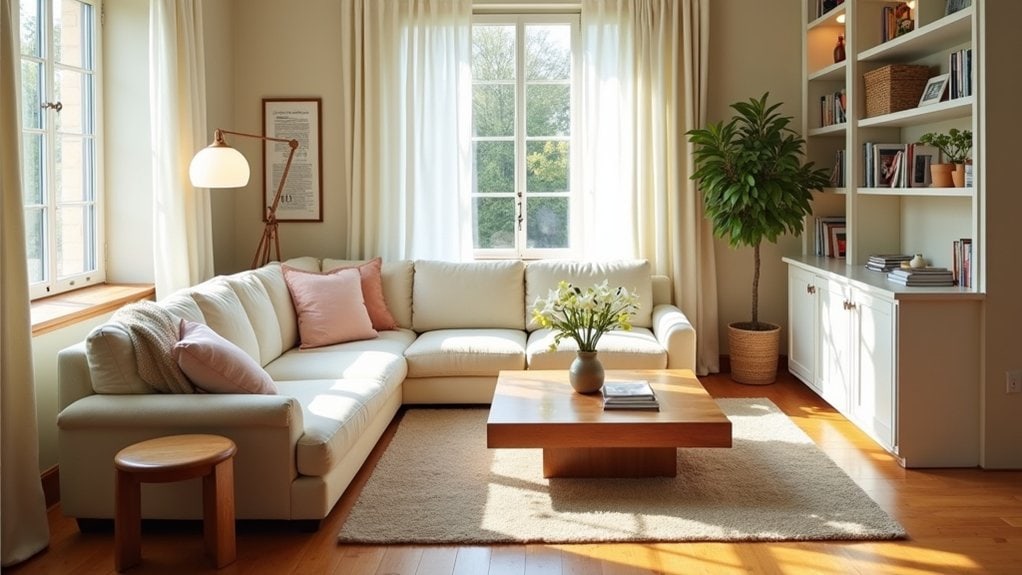 A living room with a couch, coffee table and bookshelf