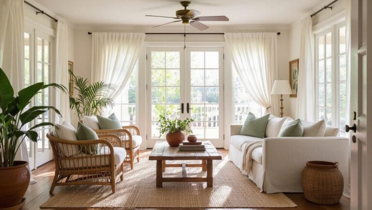 A living room with white furniture and a ceiling fan.