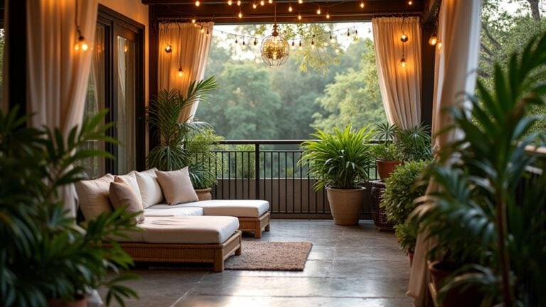 A patio with a couch and potted plants