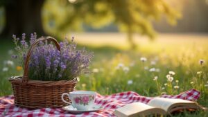Lavender, tea, book, picnic, picnic basket, book, picnic basket, picnic