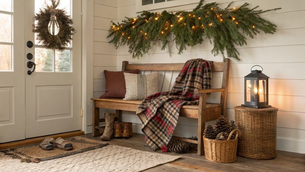 A rustic entryway with a bench, wreath and pine cones