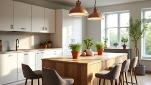 A kitchen with a table and chairs