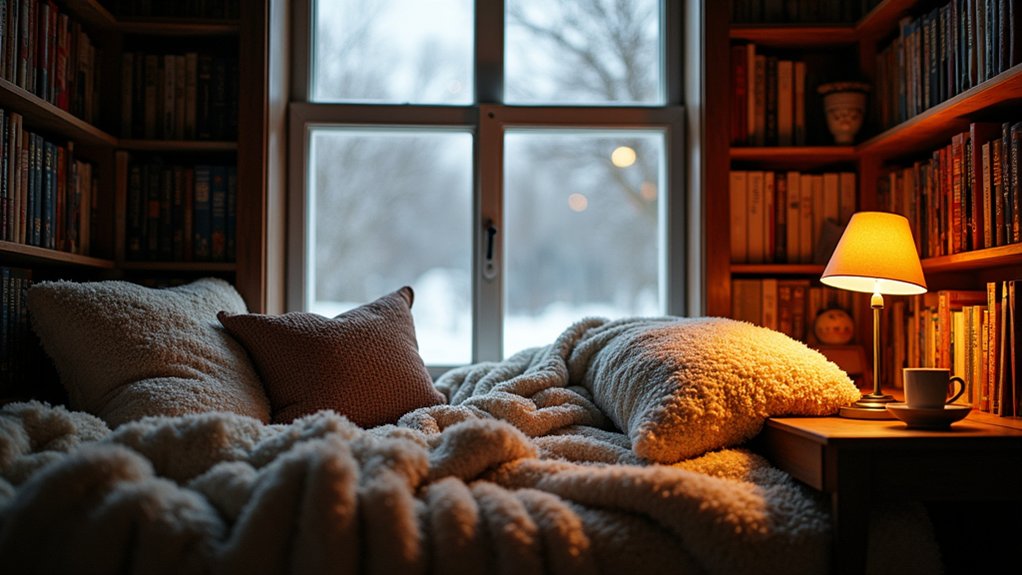 A bed with a blanket and lamp sitting in front of a window