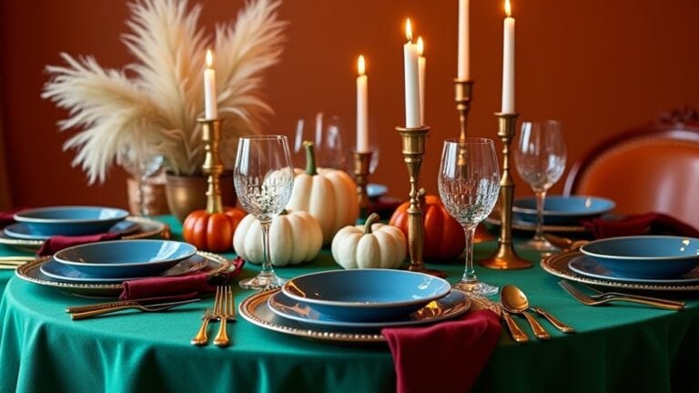 A table setting with a green tablecloth and gold plates
