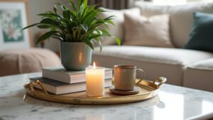 A candle, books and a plant on a tray in a living room