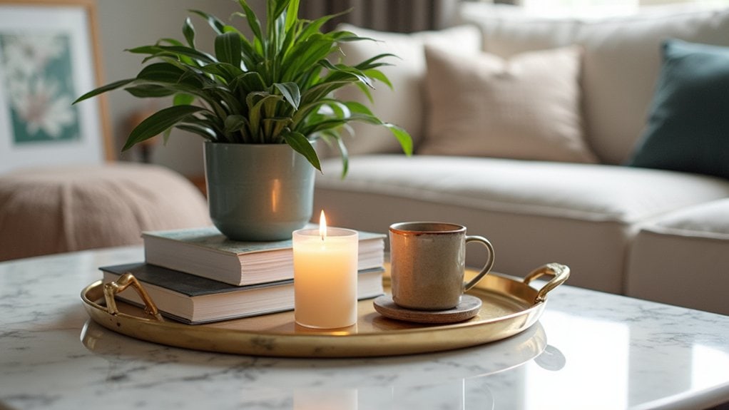 A candle, books and a plant on a tray in a living room