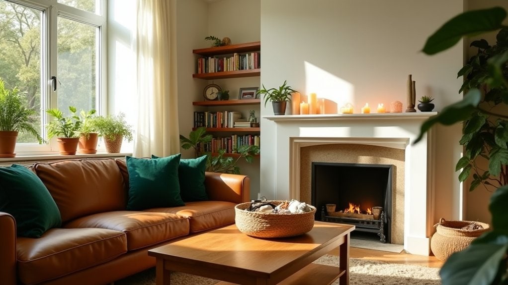 A living room with a fireplace, leather couch and bookshelves