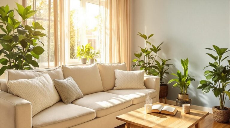A living room with a couch, coffee table and plants