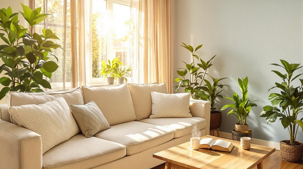 A living room with a couch, coffee table and plants