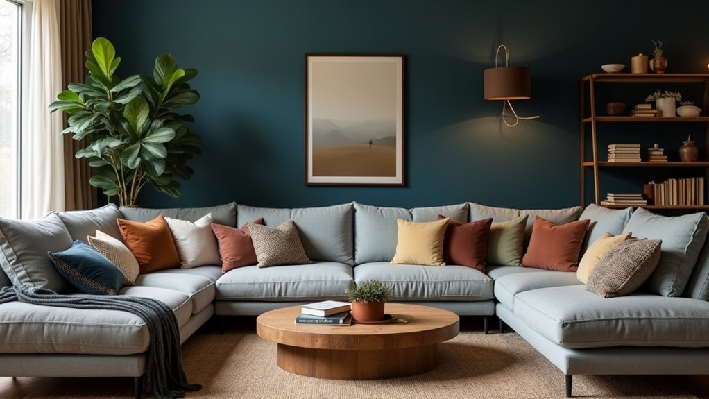 A living room with blue walls and a couch