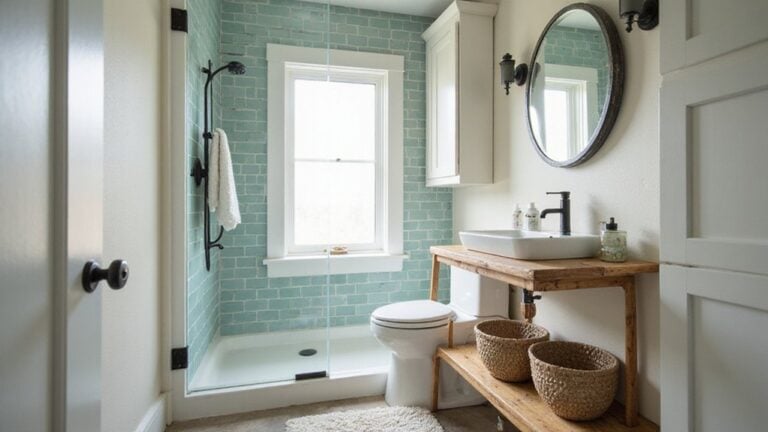 A bathroom with blue tile and white walls