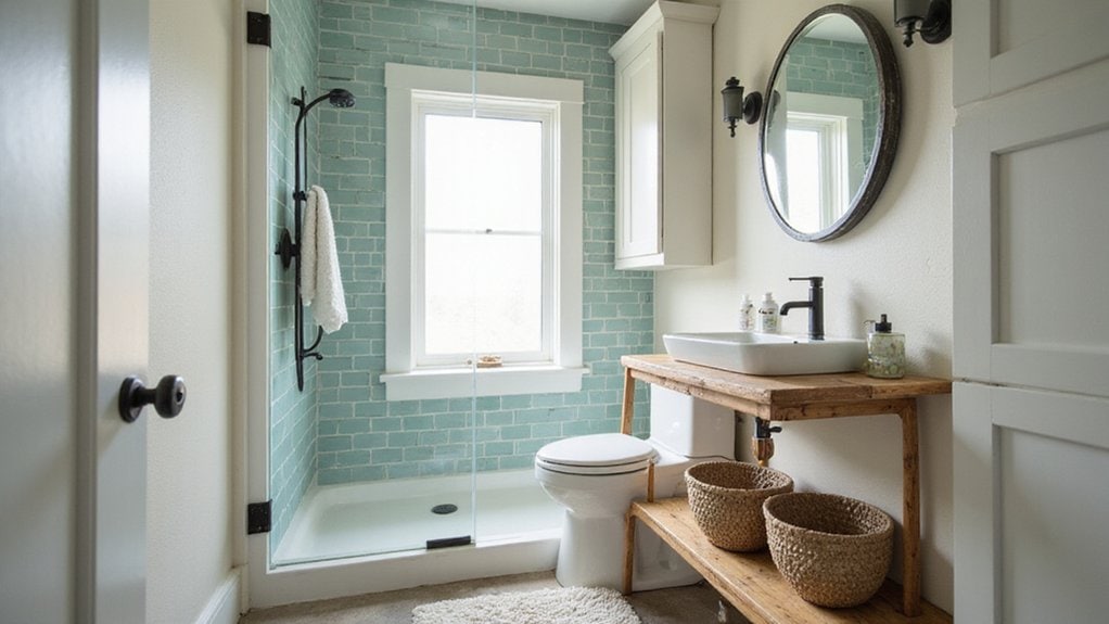 A bathroom with blue tile and white walls