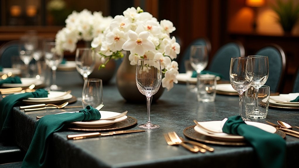 A table with green napkins and silverware