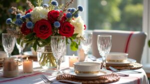 A table setting with red, white and blue flowers