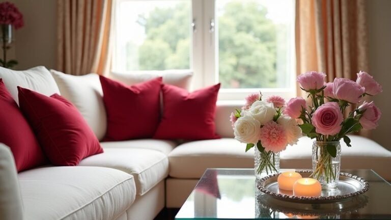 A living room with red and white pillows and flowers