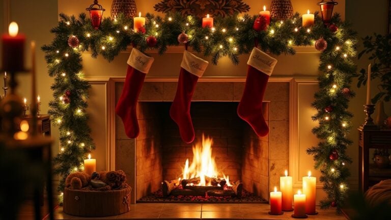 A fireplace with stockings and candles