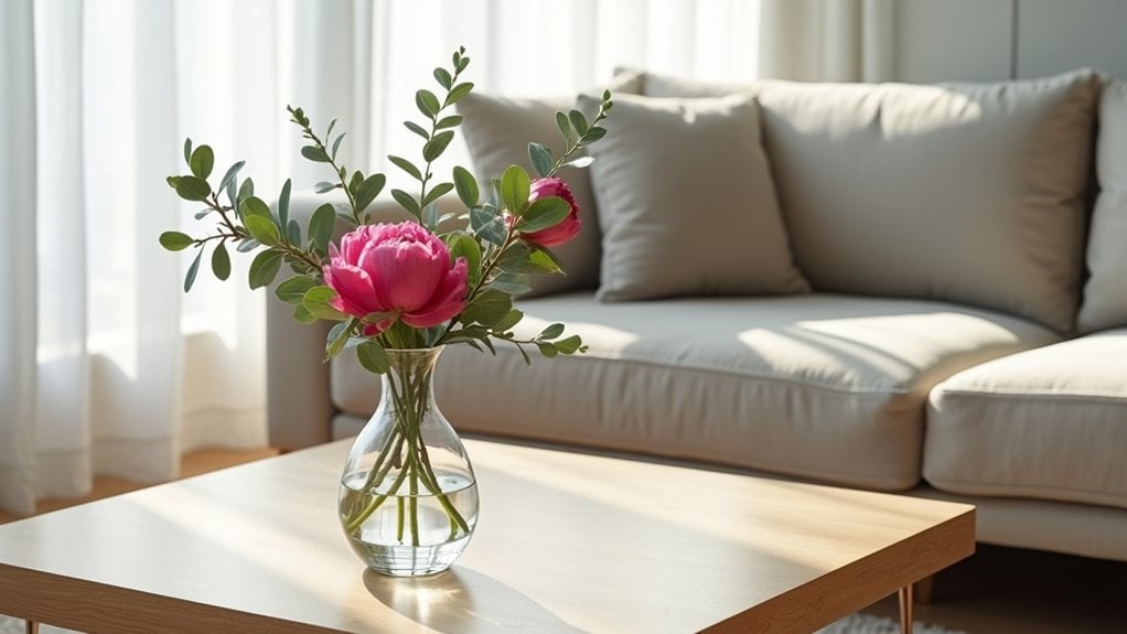 A vase of flowers sits on a table in front of a couch