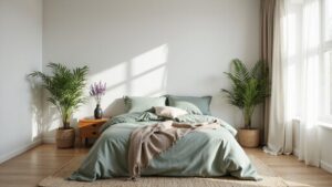 A bedroom with a bed, a window and a plant