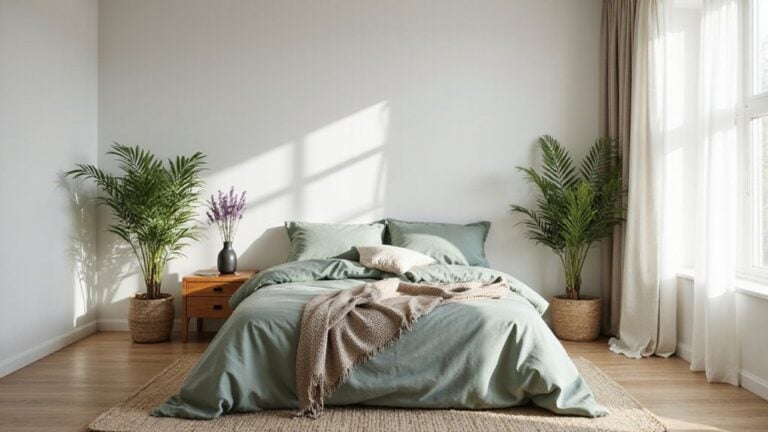 A bedroom with a bed, a window and a plant
