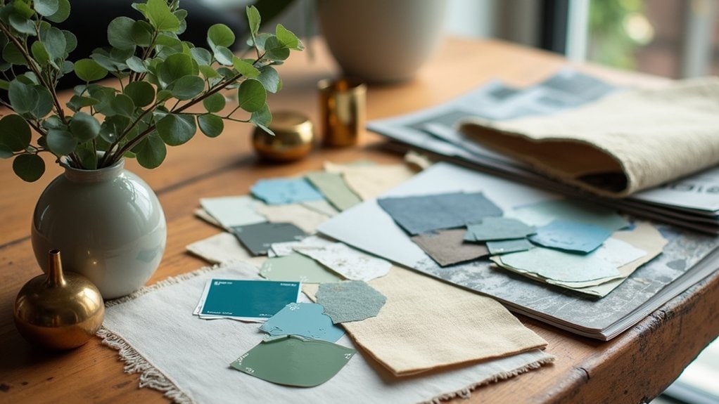 A table with a vase of greenery and paint samples