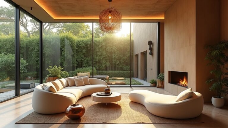 A modern living room with large windows and a fireplace