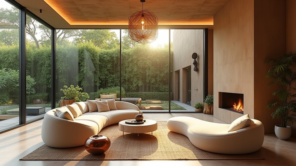 A modern living room with large windows and a fireplace