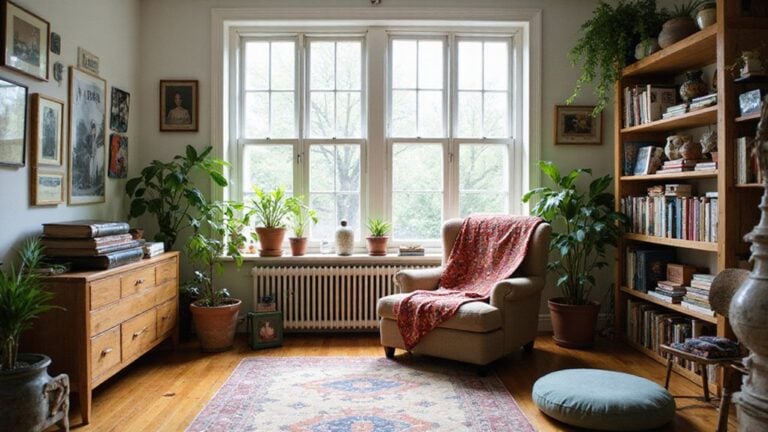 A living room with bookshelves and a chair