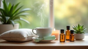 Essential oils and tea on a window sill