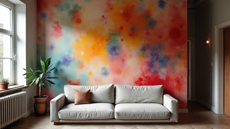 A colorful wall mural in a living room