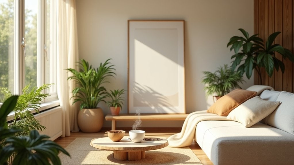 A living room with a white couch and plants