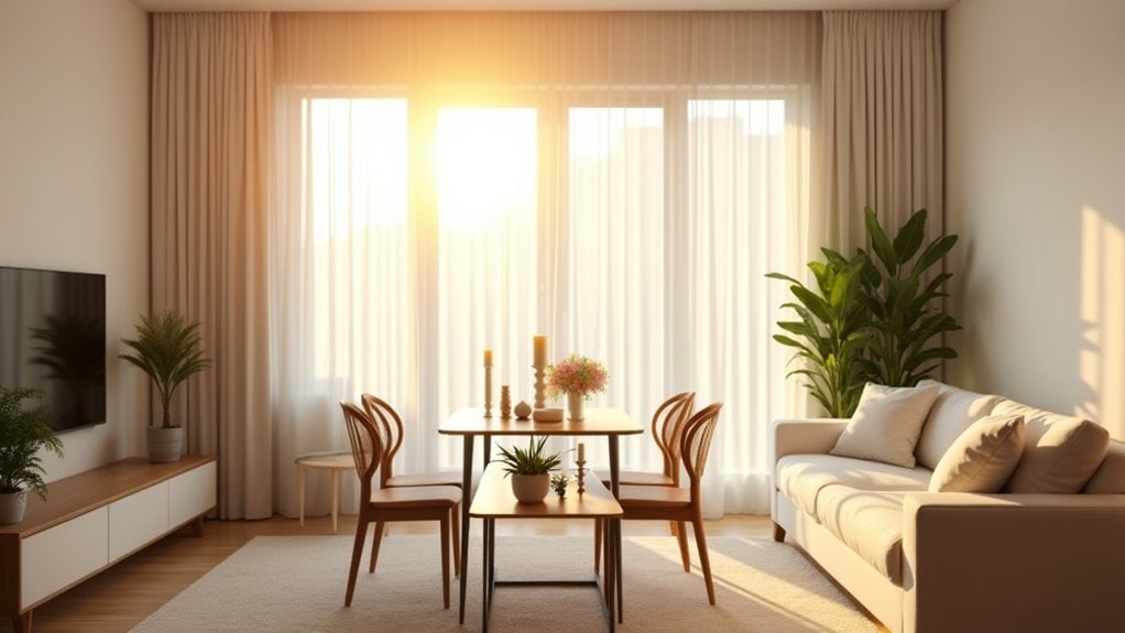 A living room with a couch, table and chairs