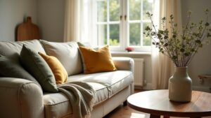 A white couch with pillows and a vase of flowers