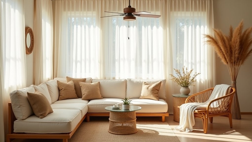 A living room with a couch, chair and table