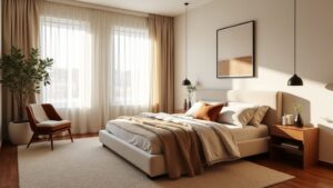 A modern bedroom with a bed, chair and window