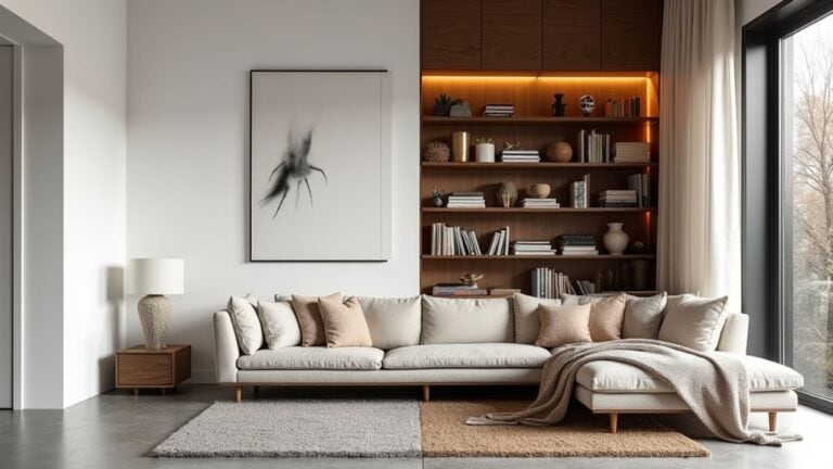 A modern living room with a couch, bookshelf and a rug
