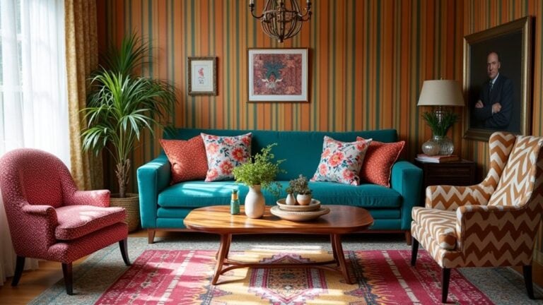 A colorful living room with a couch, chair and rug