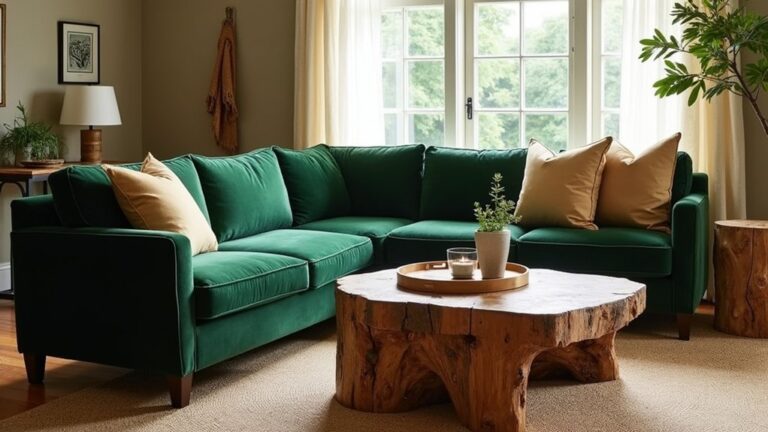 A green sectional couch in a living room